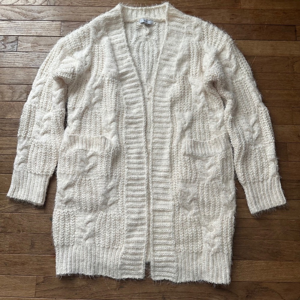 Anthropologie FATE Cream Cable Knit Fuzzy Cardigan Sweater Duster‎ Size M